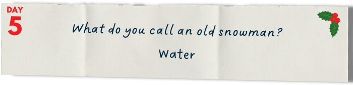 &nbsp; &nbsp; &nbsp; What do you call an old snowman? Water.