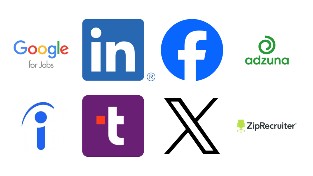 Logos of Google for Jobs, LinkedIn, Facebook, Adzuna, Indeed, Talent.com, X and ZipRecruiter.