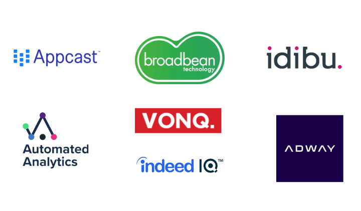 Appcast, Broadbean, idibu, Automated Analytics, VONQ, Indeed IQ and Adway logos