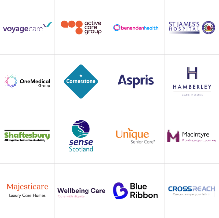 Jobtrain care sector clients - Voyage Care, Active Care Group, Benenden Health, St James's Hospital, OneMedical Group, Cornerstone, Aspris, Hamberley Care Homes, Shatesbury, Sense Scotland, Unique Senior Care, MacIntyre, Majesticare, Wellbeing Care, Blue Ribbon Health and Wellbeing and Crossreach.