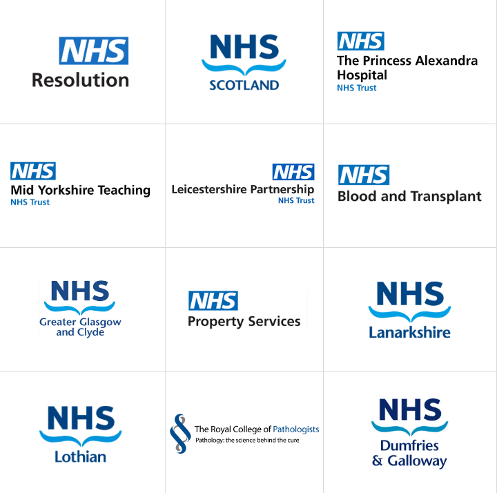 NHS logos of clients Jobtrain works with - NHS Resolution, NHS Scotland, The Princess Alexandra Hospital NHS Trust, NHS Mid Yorkshire Trust, Leicestershire Partnership NHS Trust, NHS Blood and Transplant, NHS Greater Glasgow and Clyde, NHS Property Services, NHS Lanarkshire, NHS Lothian, The Royal College of Pathologists, NHS Dumfries and Galloway.