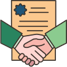 Two hands shaking in agreement in front of a contract
