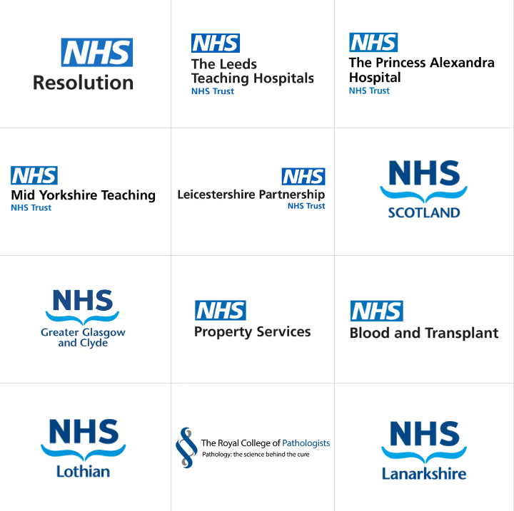 The Princess Alexandra Hospital NHS Trust, Leeds Teaching Hospitals NHS Trust, Leicestershire Partnership NHS Trust, The Leeds Teaching Hospitals NHS Trust, NHS Property Services, NHS Blood and Transplant, Mid Yorkshire Hospitals NHS Trust, NHS Resolution, The Royal College of Pathologists, NHS Scotland (and their 22 Boards).